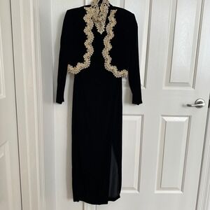 Jessica McClintock Black Velvet Dress with Gold Embellished Bolero